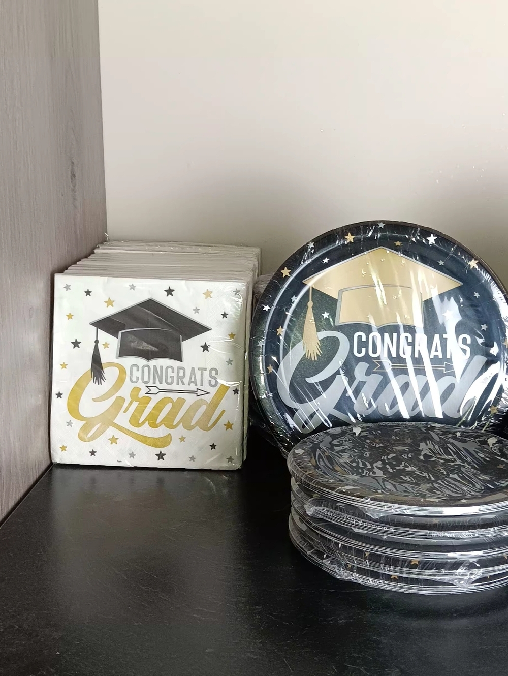 $20 43 Piece Set Grad Party Plates and Napkins - Black & Gold Graduation Set